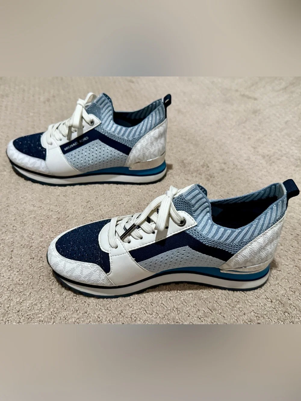 Michael Kors Women’s Navy, White and Light Blue Knit Lace-Up Sneakers